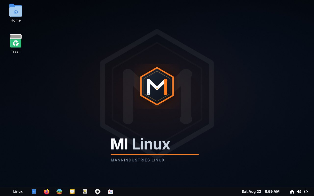 MI Linux desktop with bottom taskbar and dark branded wallpaper